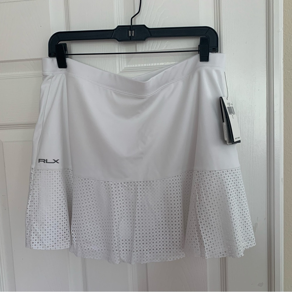 NWT Ralph Lauren Skort: White Skort, Perforated Skirt Hem, Elastic Waist, Large